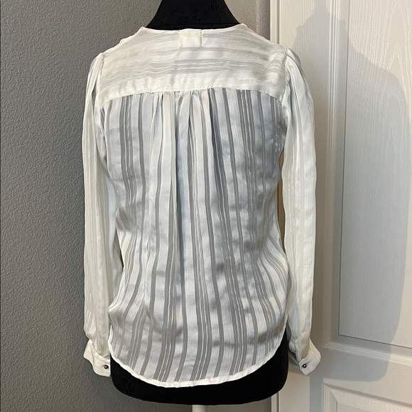Elegant White Striped Button Up Blouse Sheer Flawed - Picture 5 of 7
